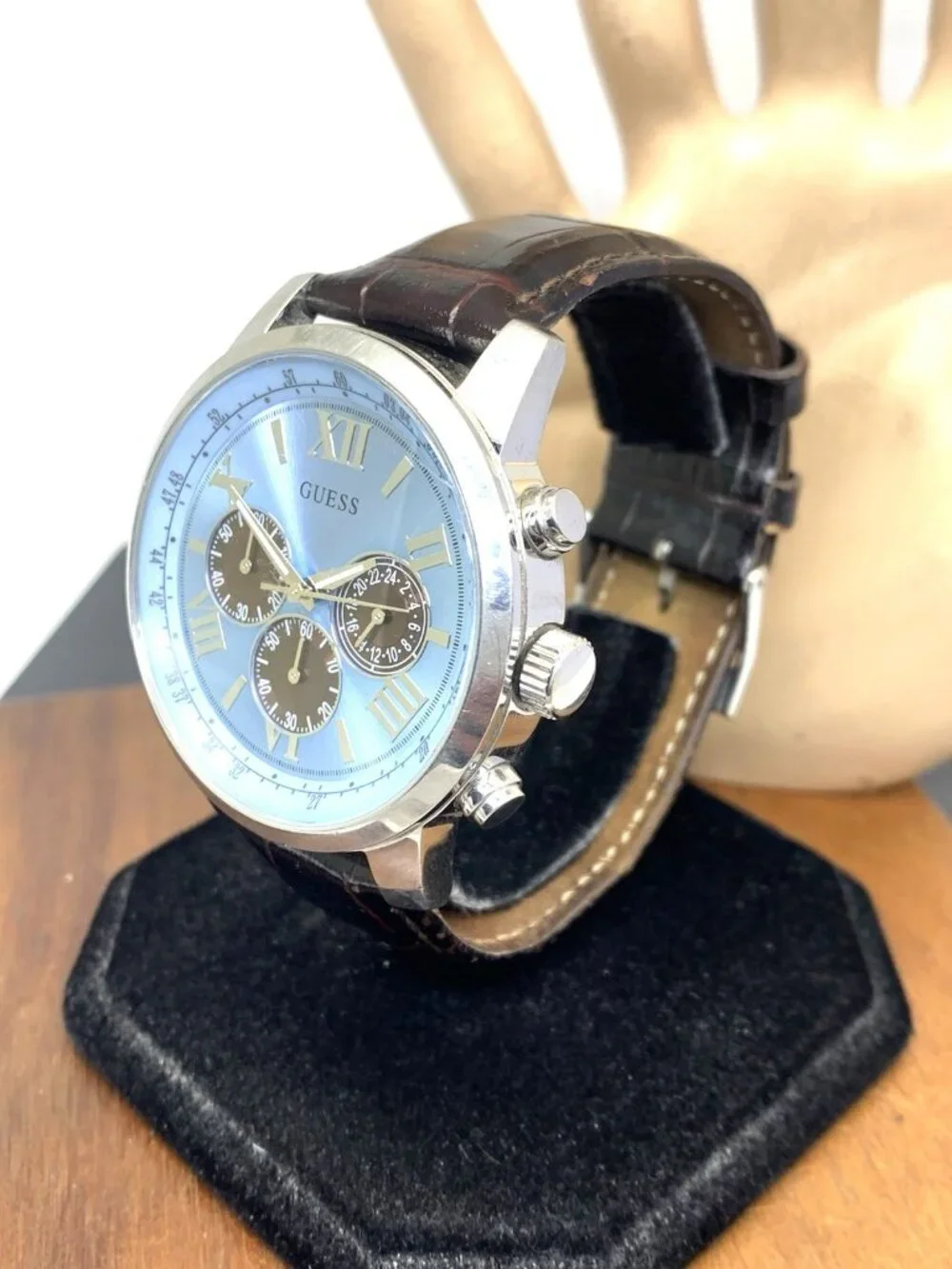 Guess Men's Watch U0380G6 Horizon Quartz Chronograph Blue Dial Leather Band 45mm